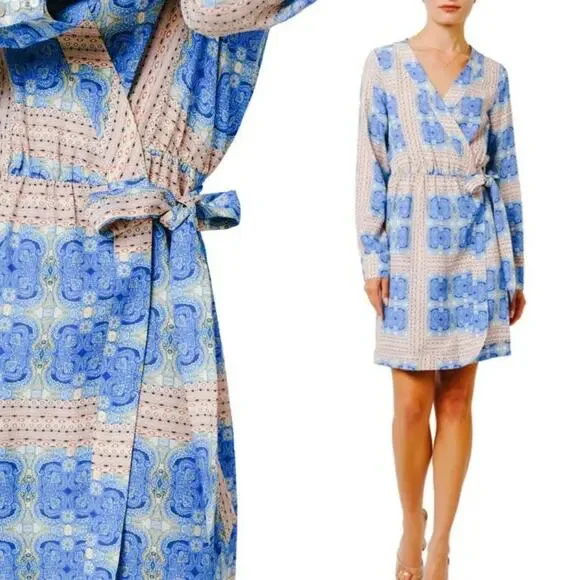Ciebon Rachelle Blue Multi Print V-neck Long Sleeve Mini Wrap Dress - Picture 4 of 16